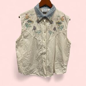 Cute vintage 80’s cotton chambray pearl collar beaded sequin fishies blouse 🐠🐟🐡